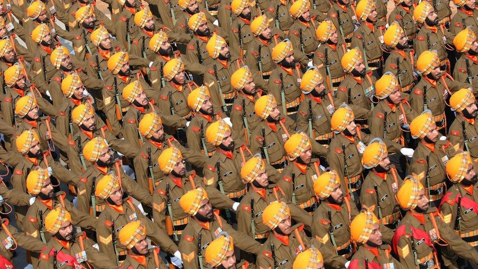 India's Sikh Light Infantry Regiment marches during the 71st Republic Day celebrations in New Delhi, India, 26 January 2020.