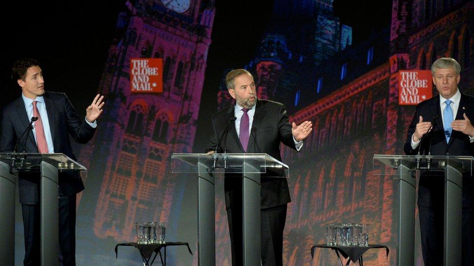 Liberal leader Justin Trudeau, (L to R), NDP leader Thomas Mulcair and Conservative leader Stephen Harper participate in the Globe and Mail Leaders Debate in Calgary during the Globe and Mail Leaders Debate in Calgary, Alberta September 17, 2015.