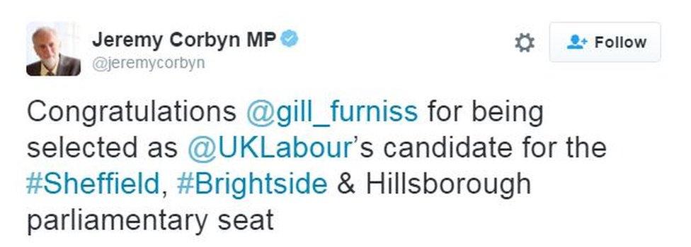 Tweet by Jeremy Corbyn: Congratulations @gill_furniss for being selected as @UKLabour’s candidate for the #Sheffield, #Brightside & Hillsborough parliamentary seat