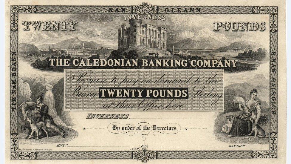 Proof of a Caledonian Bank £20 note engraved by William Home Lizars