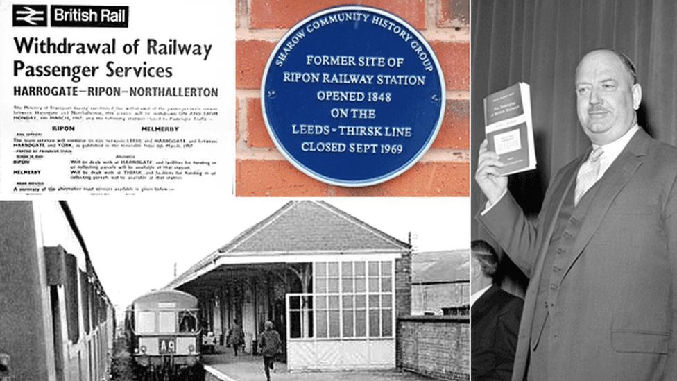 Rail closure poster/Ripon station blue plaque/train at Ripon station/Dr Beeching