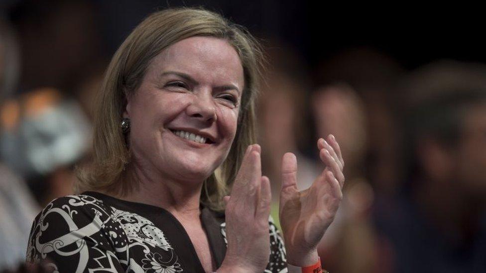 The president of the Workers Party (PT) Gleisi Hoffmann applauds during a meeting with intellectuals in support of Brazilian former president Luiz Inacio Lula Da Silva, at Oi Casa Grande Theatre in Rio de Janeiro, Brazil, on January 16, 2018