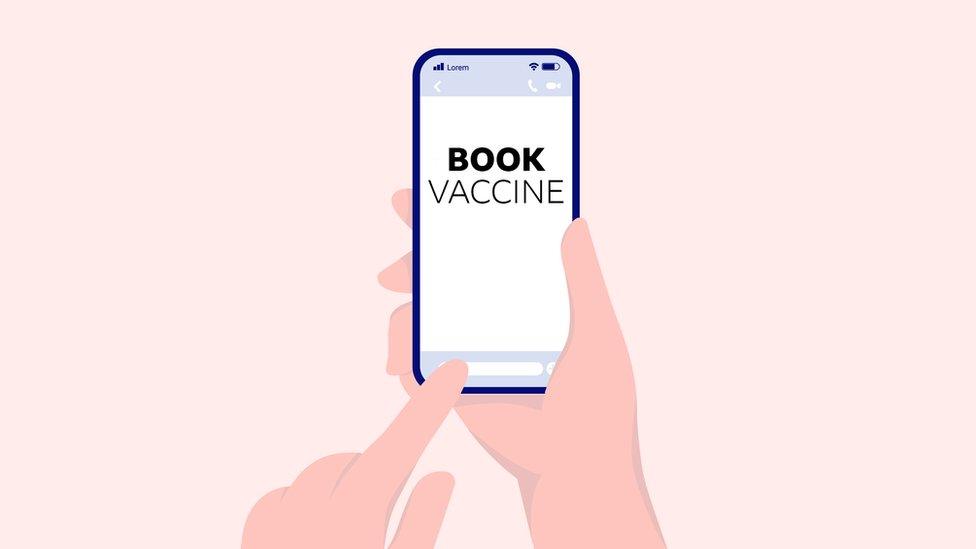 illustration of person booking a vaccine appointment on their phone