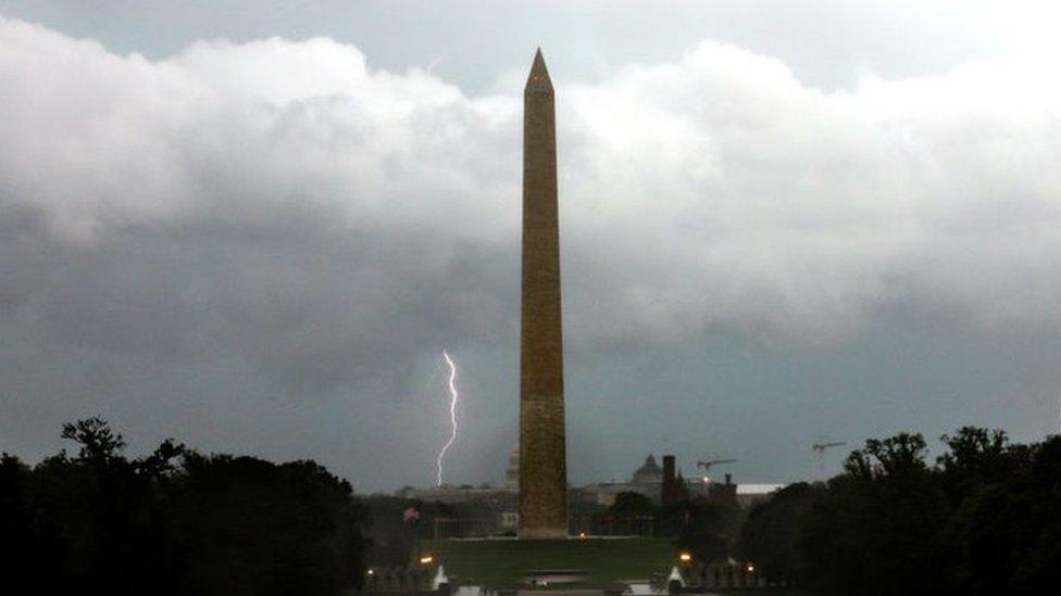 Washington monument in storm