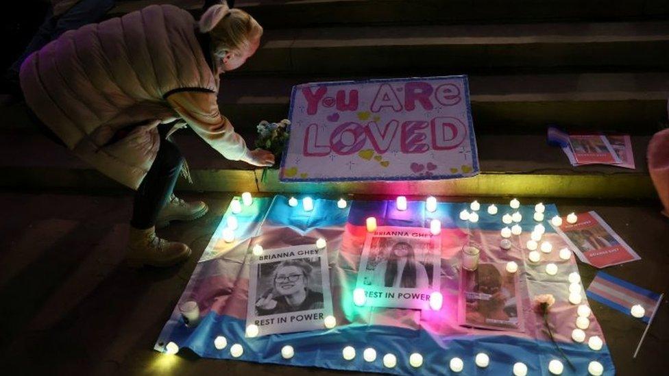 People attend a vigil in memory of Brianna Ghey at St George's Hall in Liverpool