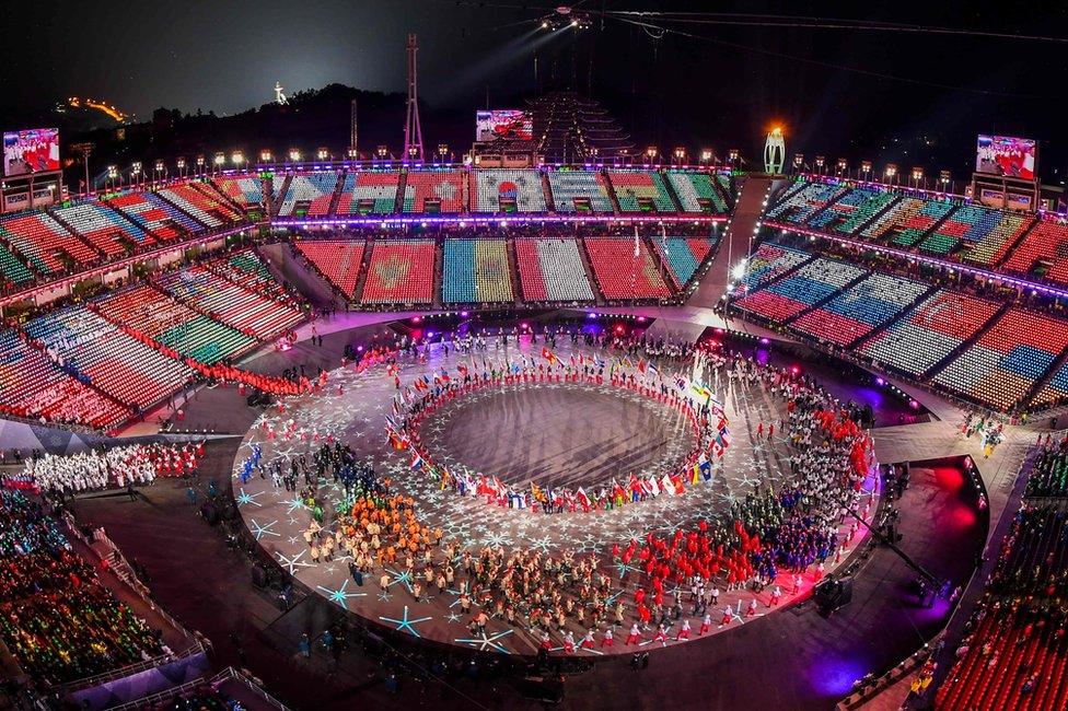 The Olympic stadium is seen in an aerial shot during the closing ceremony