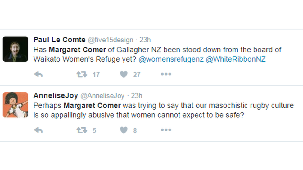 "Has Margaret Comer of Gallagher NZ been stood down from the board of Waikato Women's Refuge yet?" one user asks