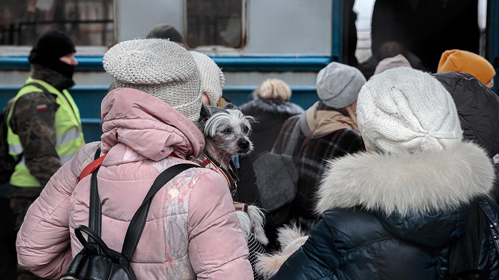 Ukrainian woman carrying her dog arriving at the train station in Przemysl, Poland, on March 5, 2022