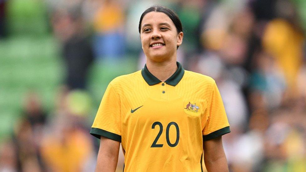 Sam Kerr on field in a Matildas jersey