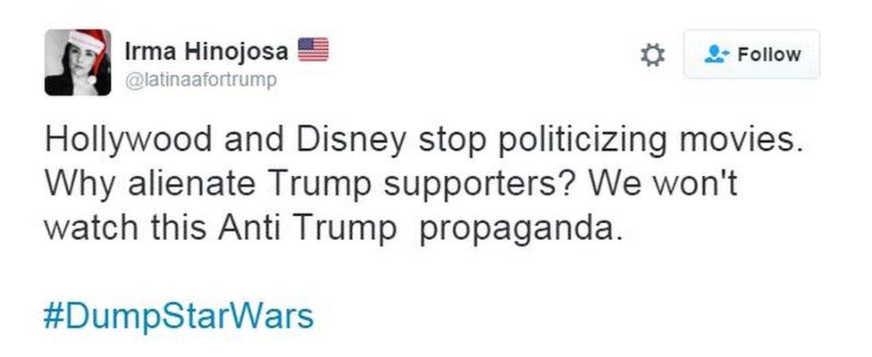 Hollywood and Disney stop politicizing movies. Why alienate Trump supporters? We won't watch this Anti Trump propaganda.