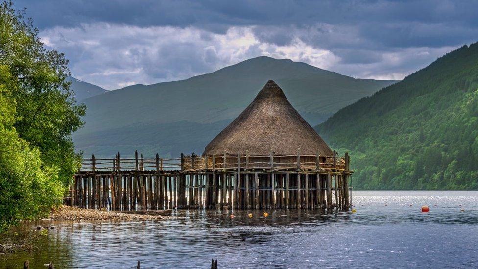 Reconstructed 2500 year old crannog, prehistoric dwelling at the Scottish Crannog Centre on Loch Tay near Kenmore, Perth and Kinross, Scotland, UK. (Photo by: Arterra/Universal Images Group via Getty Images)