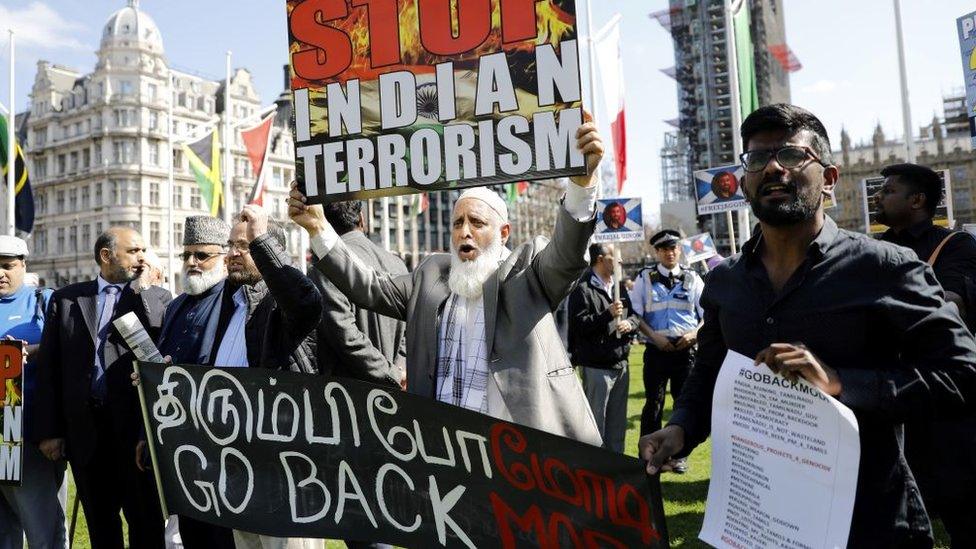 Protestors shout anti-Modi slogans during the demonstration in London