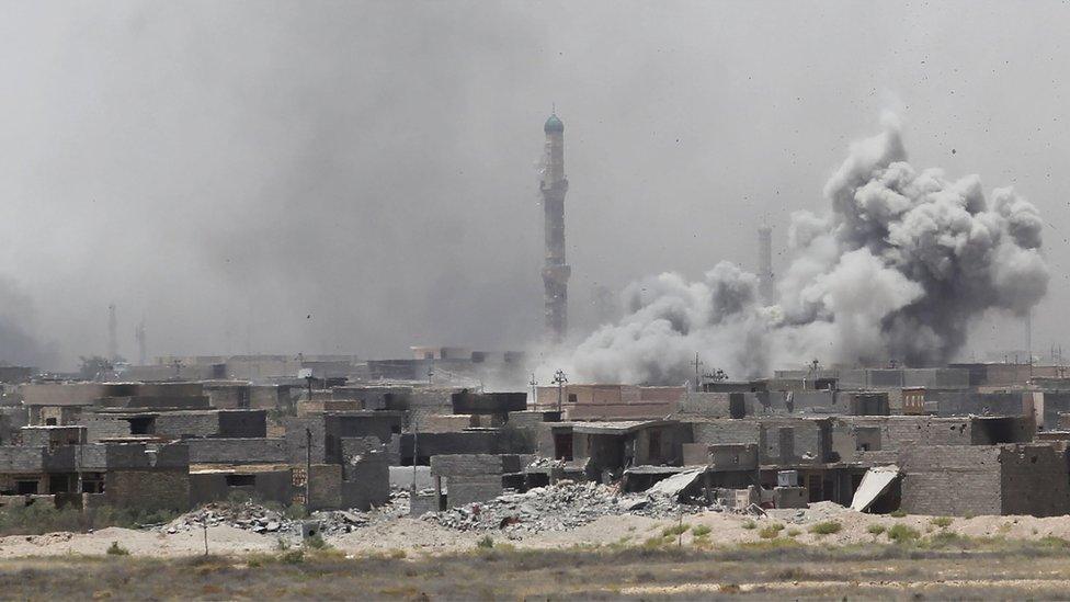 Smoke billows from southern Falluja during bombardment from Iraqi forces (10 June 2016)