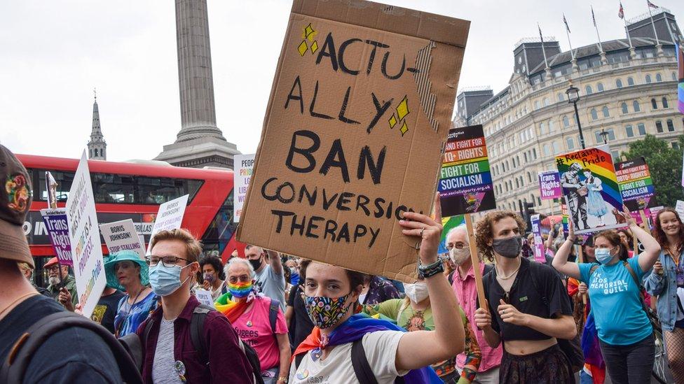 A demonstrator holds a placard that says Actually Ban Conversion Therapy in Trafalgar Square during the Reclaim Pride protest.