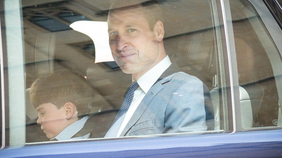 Prince Louis and the Prince of Wales leave Westminster Abbey after a Coronation rehearsal