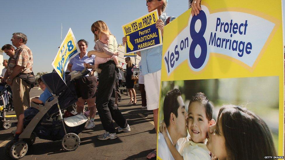 Prop 8 supporters hold signs