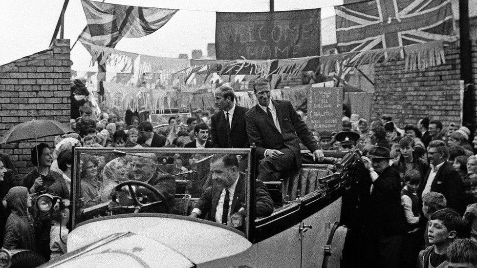 Bobby and Jack Charlton leave their mother's house in Ashington, to go to a civic reception after the World Cup win on 18 August 1966