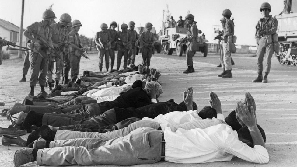 Palestinians surrender to Israeli soldiers in June 1967 in the occupied territory of the West Bank.