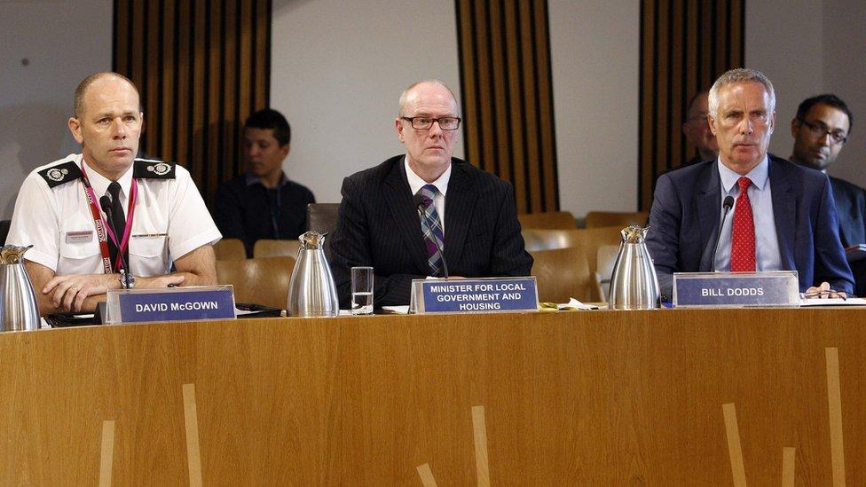 David McGown, of SFRS, Housing Minister Kevin Stewart and government head of building standards Bill Dodds