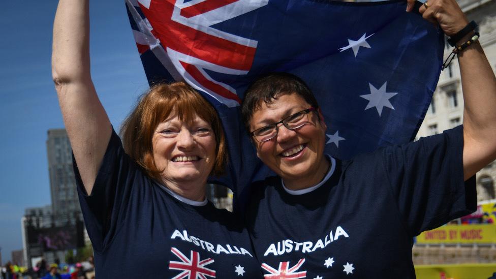 Australian Eurovision fans Michelle (left) and Sharon Stevenson in the Liverpool fan village