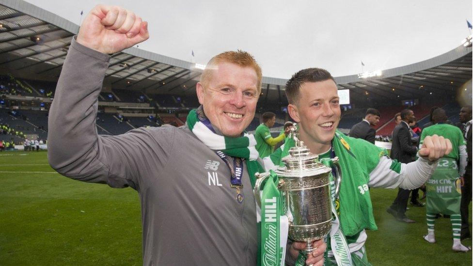 Celtic manager Neil Lennon (left) and Callum McGregor pose with the Scottish Cup after winning the 2019 Final.