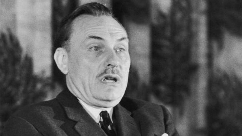 Enoch Powell (1912 - 1998) addresses a meeting at East Park School in Wolverhampton, 9th June 1970