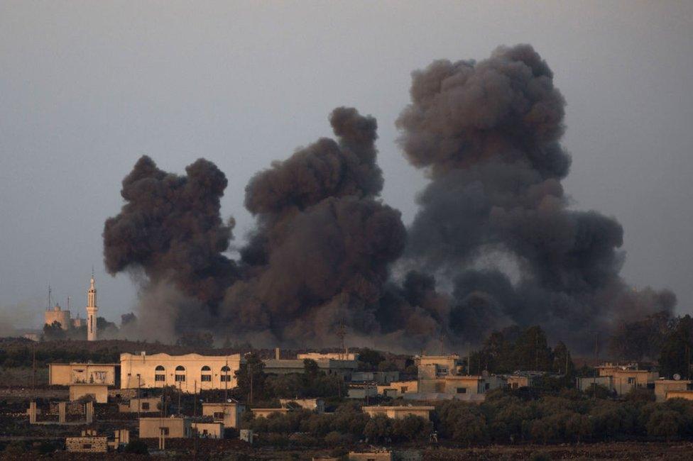 A Russian airstrike inside Syria, seen from the Israeli Golan Heights in July 2018