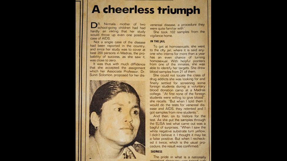 A cutting describing Dr Nirmala's discovery: "A cheerless triumph"