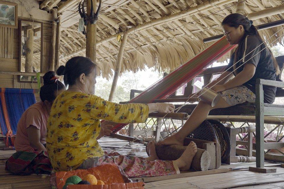 Sadin Pangking and Akum Tayeng Prepare the Warp on a Backstrap Loom, Pragadeesh Marimuthu, 2021, Rani, East Siang District, Arunachal Pradesh