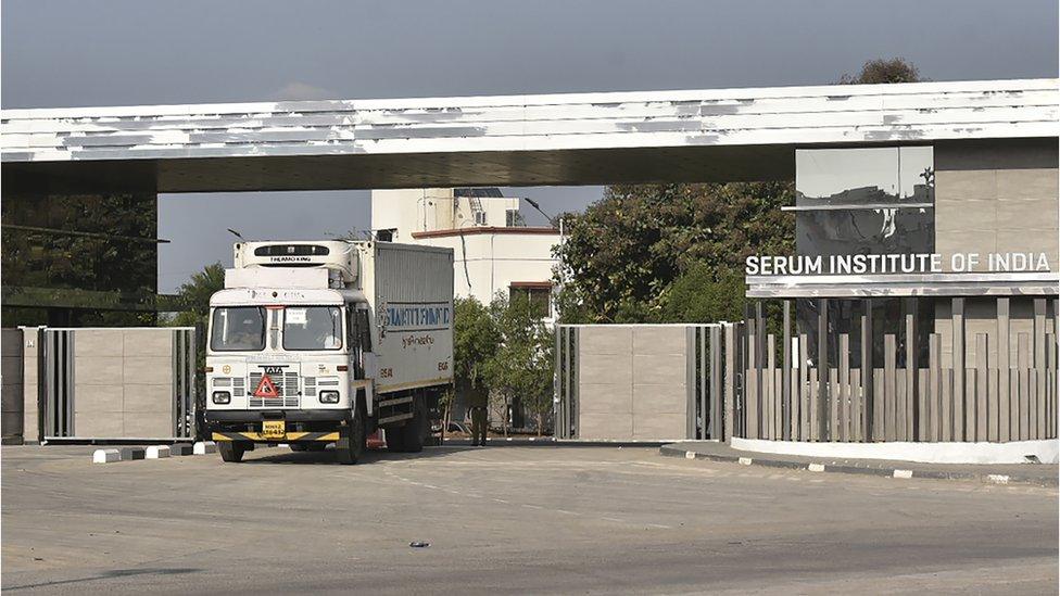 Lorry coming out of Serum Institute of India.