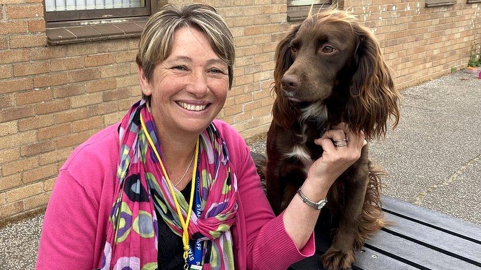 Rachel Bailey, head teacher at Abbotts Hall Primary School with therapy dog, Darcy