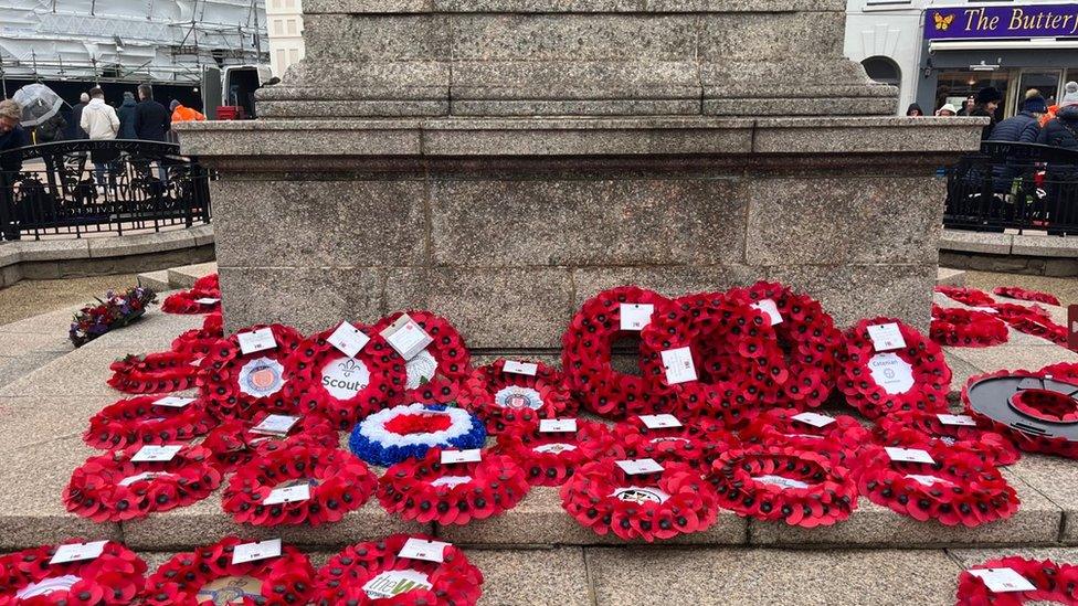 Poppy wreaths on the Cenotaph in Jersey