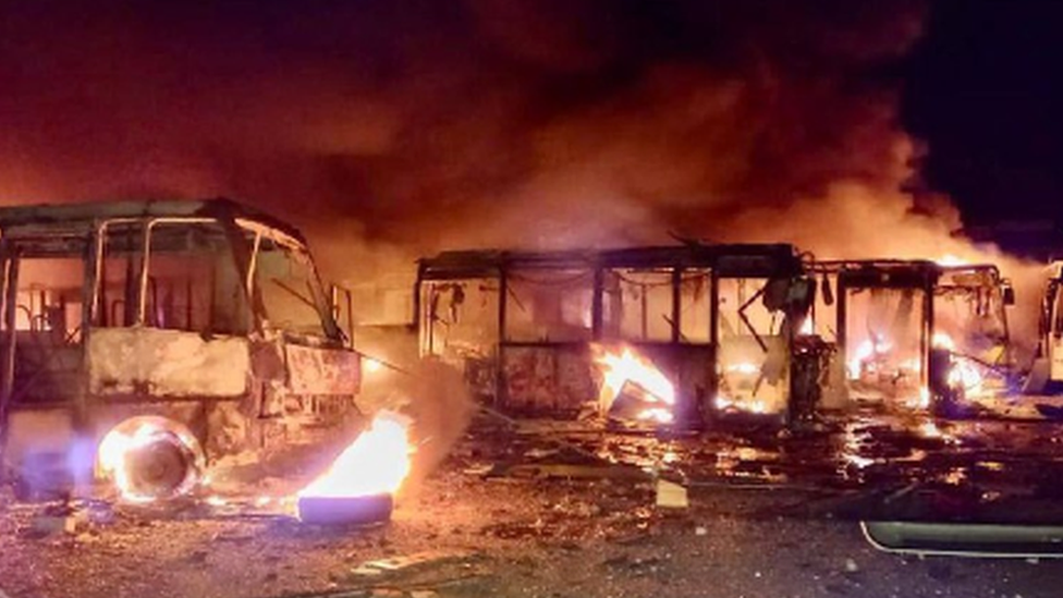 Burnt buses in Dnipro, Dnipropetrovsk region, central-eastern Ukraine. Photo: 30 September 2022