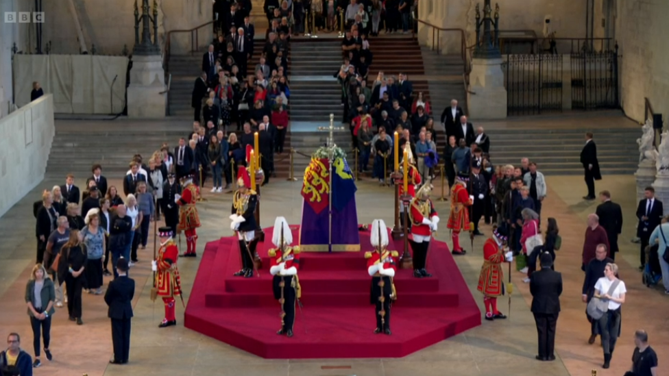 People filing past the Queen's coffin as seen on the live stream