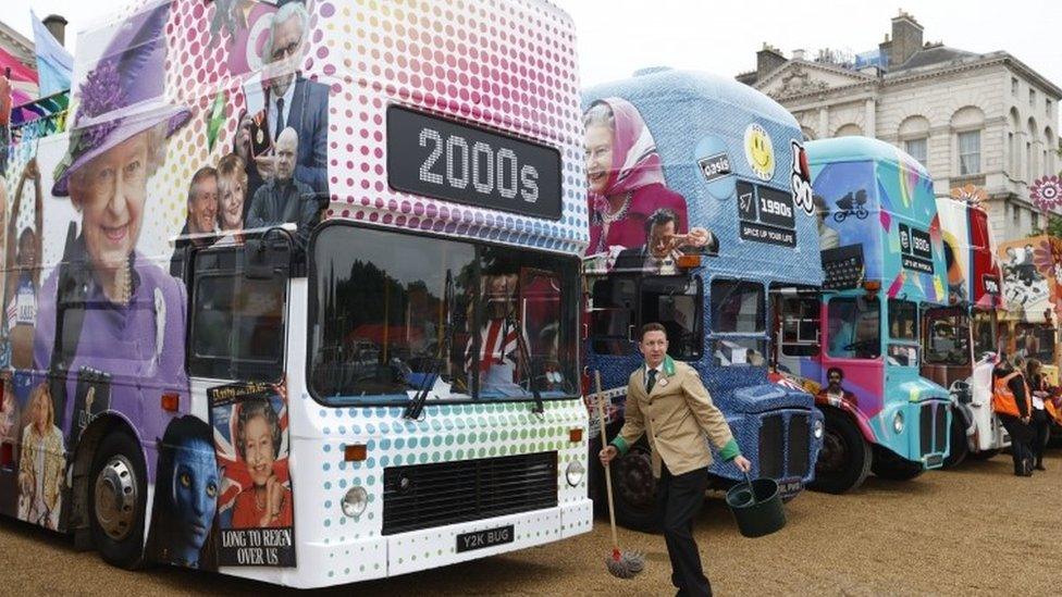 Buses for the Decades at Horse Guards Parade ahead of the Platinum Jubilee Pageant in London.