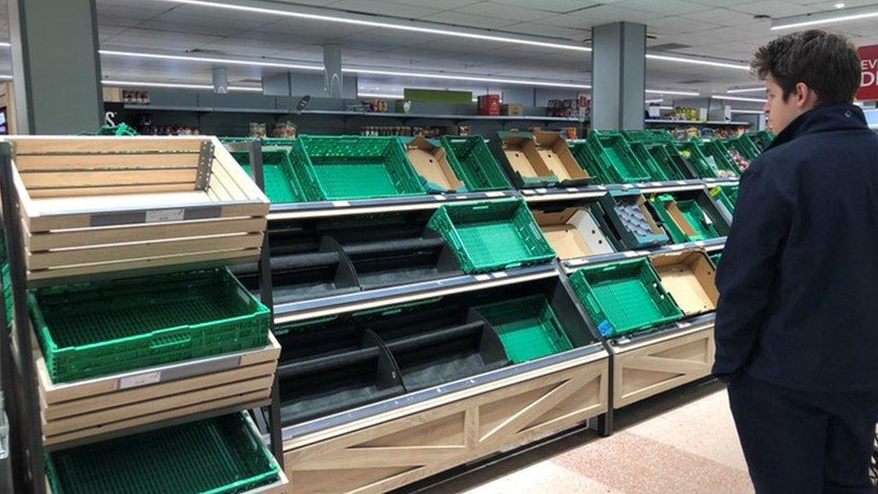 A supermarket shelf of empty trays, usually filled with fresh produce