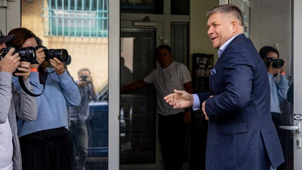 Slovak former Prime Minister and chairman of the Smer-SD party Robert Fico attends a press conference after Slovakia's parliamentary elections at party's headquarters in Bratislava, Slovakia, 01 October 2023