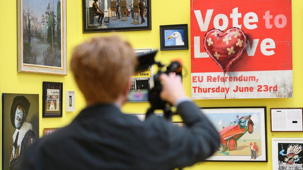 Banksy superimposes a heart-shaped balloon over Vote To Leave referendum literature