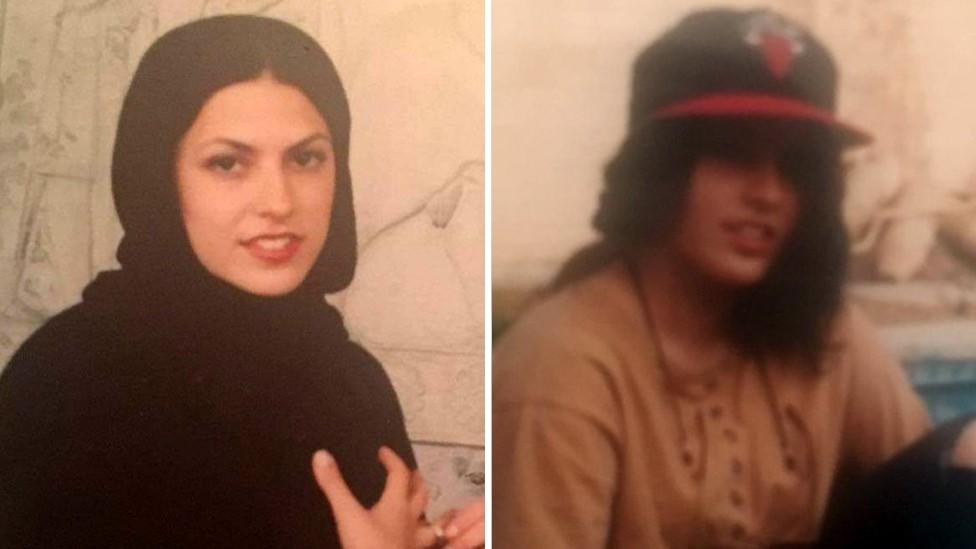 Faranak Amidi as a teenager, wearing a hijab (L) and in Western clothing (R)