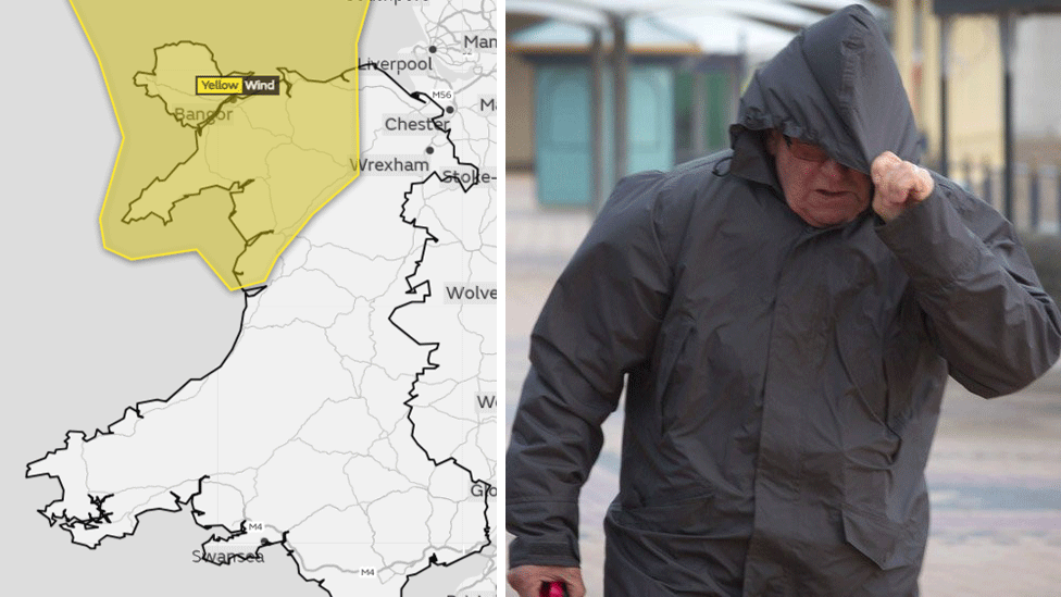 The Met Office weather warning for north Wales and a man walks in the wind and the rain on Barry seafront