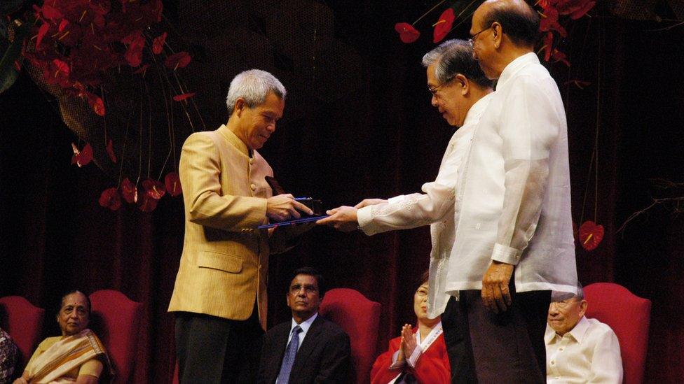 Sombath Somphone receives the Ramon Magsaysay Award - sometimes called "Asia's Nobel Prize" - in Manila, Philippines in 2005