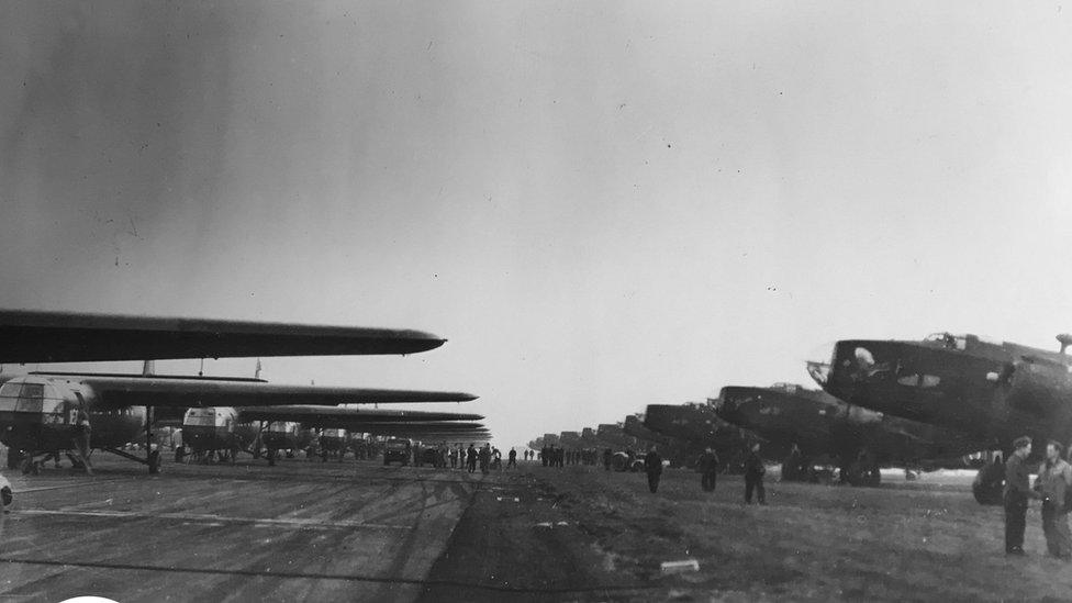 WW2 Horsa Gliders on the left - RAF Halifax Tug aircraft on the right - ready for deployment during the Second World War