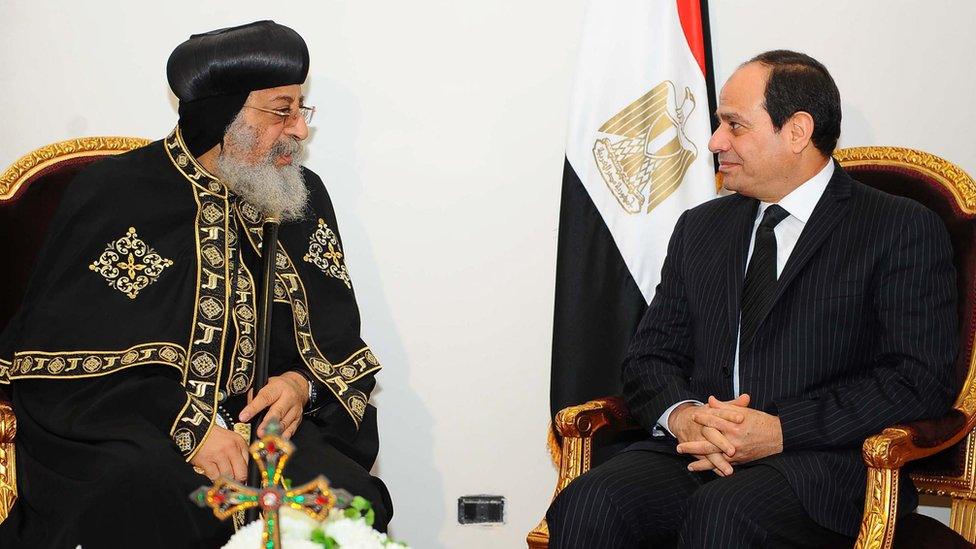 Egyptian President Abdul Fattah al-Sisi meets with Pope Tawadros II of Alexandria, leader of the Coptic Orthodox Church