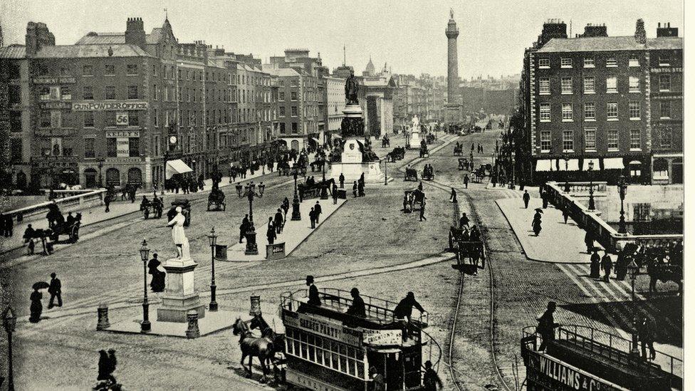 A 19th Century photograph taken in Dublin, with Nelson's Pillar in the background