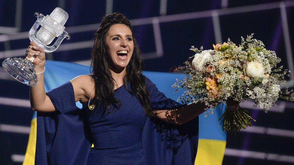 Ukraine's Jamala reacts on winning the Eurovision Song Contest final at the Ericsson Globe Arena in Stockholm, on May 14, 2016.