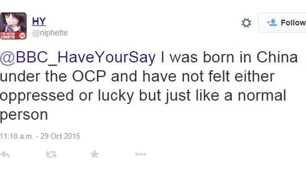 Twitter screen grab by @niphette who messages: I was born in China under the OCP and have not felt either oppressed or lucky but just like a normal person