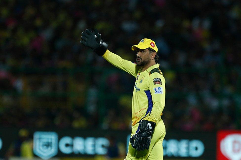 MS Dhoni of Chennai Super Kings gestures during the IPL match between Rajasthan Royals and Chennai Super Kings at Sawai Mansingh Stadium on April 27, 2023 in Jaipur, India.(