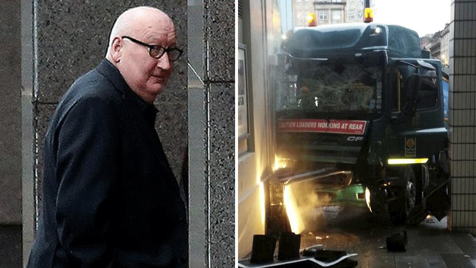 Harry Clarke arriving and court and slumped over wheel of crashed lorry