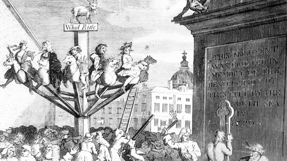 Part of Hogarth's print of the South Sea bubble, with speculators riding on a roundabout