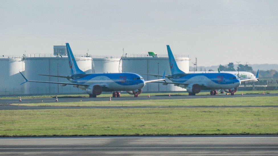 Batch of TUI fly Belgium or TUI Airways Boeing 737 MAX 8 airplanes grounded at Brussels National Airport Zaventem BRU EBBR in Belgium